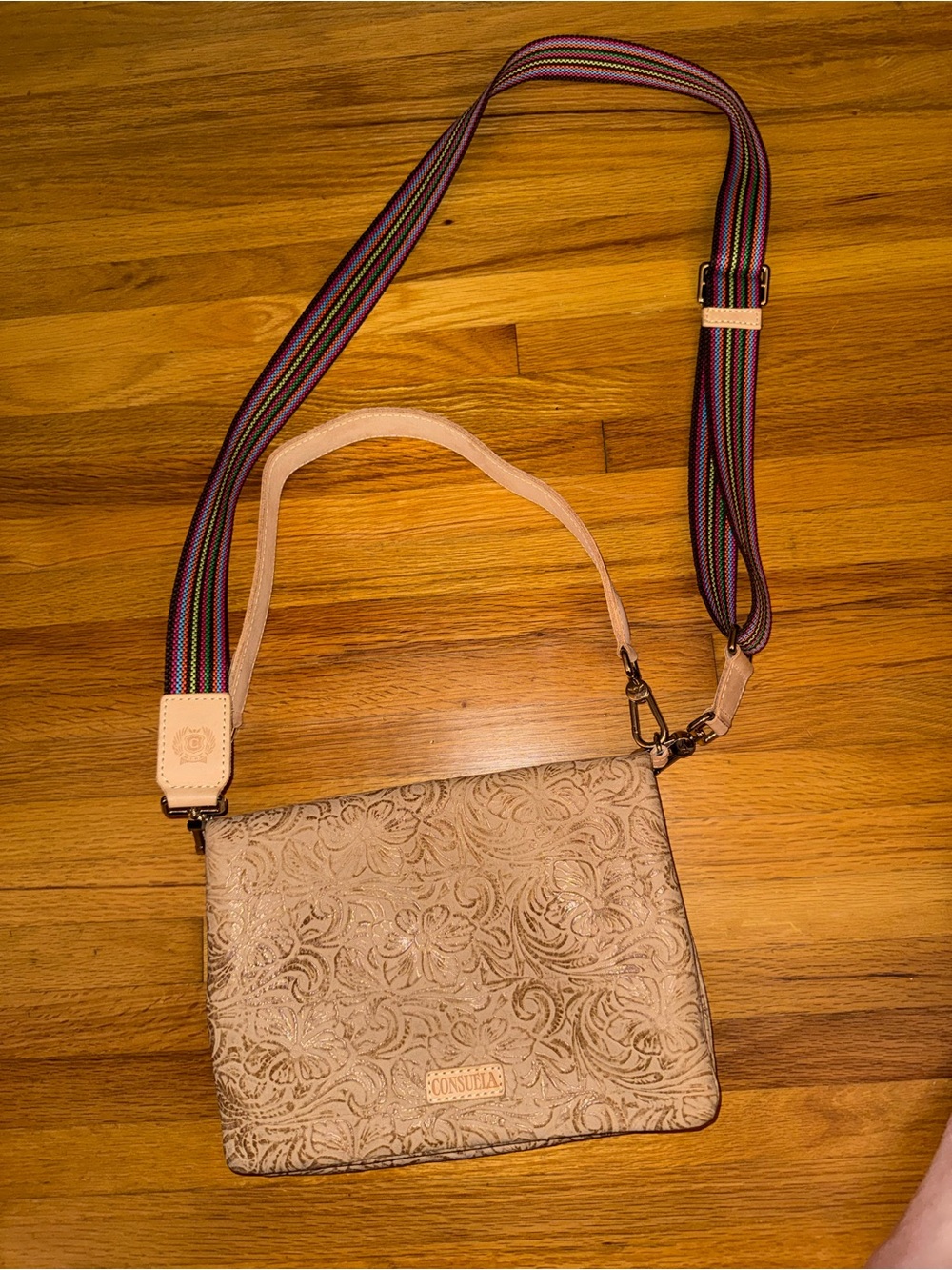 Consuela Beige Floral Embossed Crossbody with Multicolor Striped Strap Leather